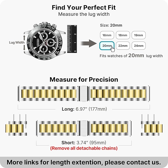 Fullmosa 20mm Stainless Steel Watch Band, Quick Release Metal Replacement Strap with Removable Links, Includes Spring Bars & Link Removal Tool for Men Women (Silver+Golden)