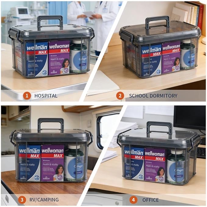 HEY FOLY 15qt Medicine Organizer Storage Box with Tray, Plastic First Aid Box Empty, Thickened Medicine Container Chest, Multipurpose Medical Case with Labels, Grey Medicine Caddy