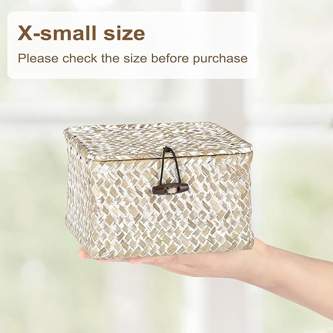 Hipiwe Wicker Shelf Baskets with Lid Handwoven Seagrass Storage Box Decorative Basket Bin Household Organizer Bin for Shelf Bathroom Coffee Table Decor Organizer, X-small