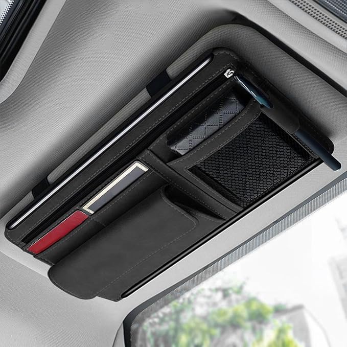 Car Sun Visor Organizer, Leather Vehicle Visor Card License Storage Pouch with Glasses Holder, Multifunctional Auto Interior Sunshade Document Pocket Organizer, Universal for Vehicles (Black)