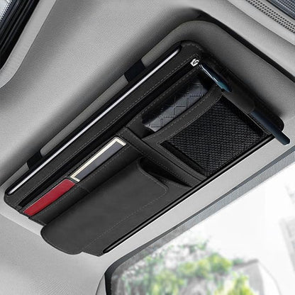 Car Sun Visor Organizer, Leather Vehicle Visor Card License Storage Pouch with Glasses Holder, Multifunctional Auto Interior Sunshade Document Pocket Organizer, Universal for Vehicles (Black)