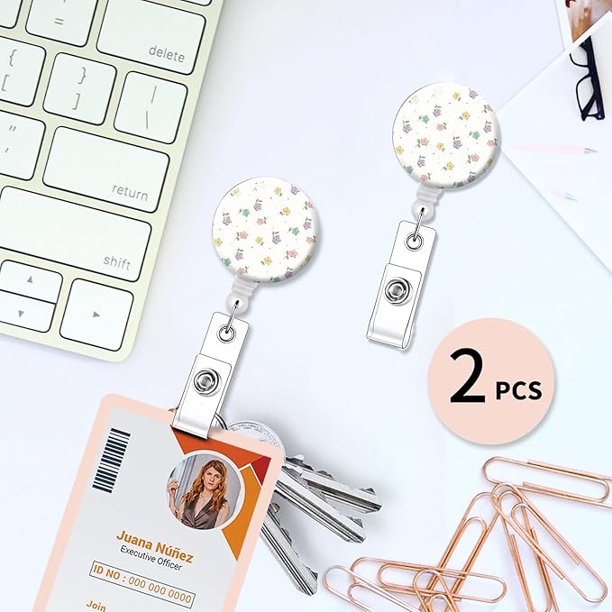 2 Pack Badge Reels Holder Retractable with ID Clip for Nurse Name Tag Card Nursing for Doctor Teacher Student Employee Office Medical Work (Small Flower)