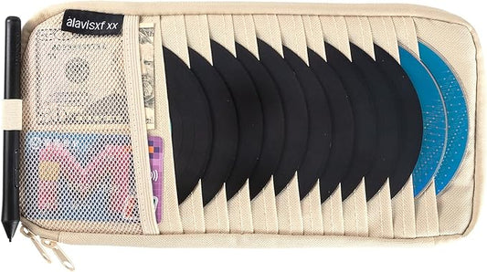 alavisxf xx Car CD Holder, DVD Vehicle Visor Storage Organizer, Large Capacity CD Visor Case with 12 Sleeves, 1 Mesh Pocket, 1 Pen Holder, 1 Back Inner Pocket (Apricot)