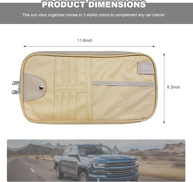 Car Sun Visor Organizer, Multi-Purpose Visor Storage Holder with Elastic Bands & Glasses Clip, Multi-Pocket Sunshade Organizer Soft Leather Storage Pouch for Car Truck SUV (Beige)