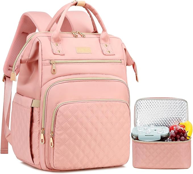 Lunch Backpack, 15.6 inch Laptop Backpack with Insulated Lunch Bag, Backpack Cooler for Women, Large Travel Backpack Lunch Box Compartment, Work Computer Backpack, Teacher College Book Bag, Pink
