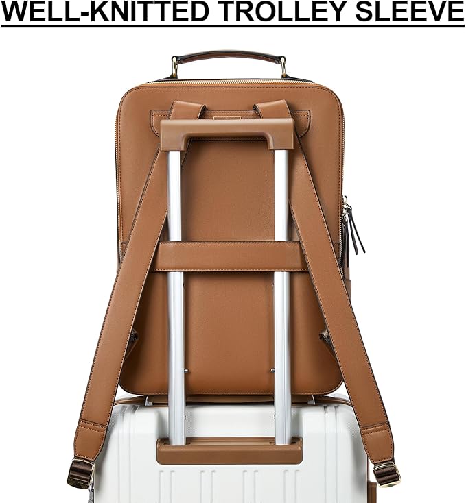BOSTANTEN Leather Backpack 15.6 inch Laptop Bag Travel Casual Computer Backpack College Business Work Shoulder Bags with Trolley Sleeve for Women Men Brown