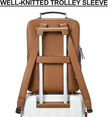BOSTANTEN Leather Backpack 15.6 inch Laptop Bag Travel Casual Computer Backpack College Business Work Shoulder Bags with Trolley Sleeve for Women Men Brown