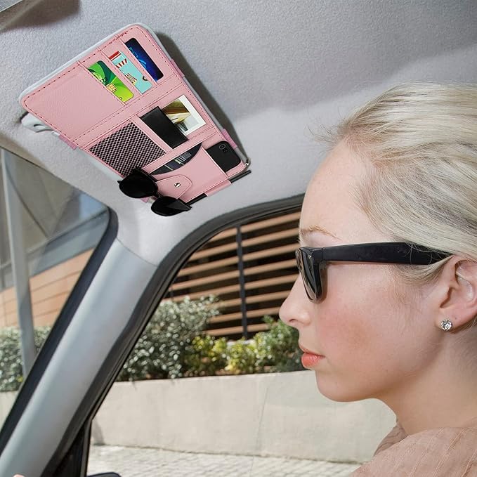 Car Sun Visor Organizer, Leather Pocket Organizer Sunglass Holder for Car Interior Accessories with Multi-Pocket Net Zipper, Pink