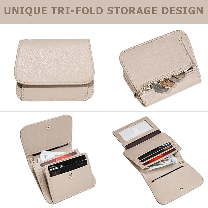 Women Small Wallet RFID Blocking Slim Wallet with Coin Pocket Tri-Fold Credit Card Holder with ID Window and Keychain (Khaki)
