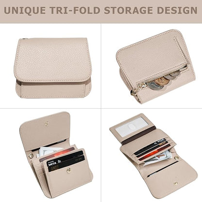Women Small Wallet RFID Blocking Slim Wallet with Coin Pocket Tri-Fold Credit Card Holder with ID Window and Keychain (Khaki)