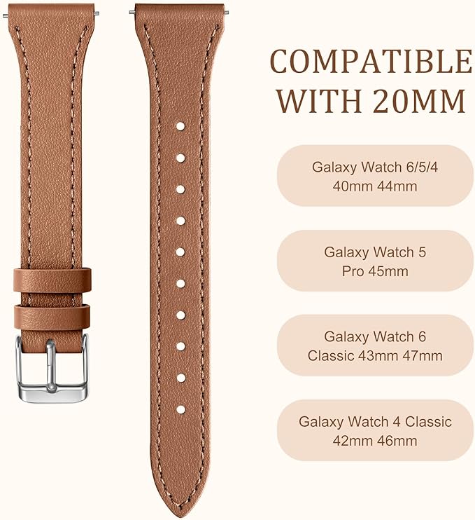 GEAK Slim Leather Band Compatible with Galaxy Watch 7 Band/6 5 4 FE 40mm 44mm/5 pro 45mm/Classic/Galaxy Active 2, 20mm Genuine Leather Strap with Quick Release Buckle for Samsung Watch Bands Women