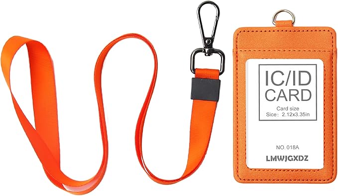 Leather Badge Holder with Adjustable Lanyards,Swivel Metal Clasp for Offices, Staff, Students, Employees (Orange)