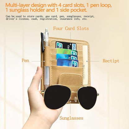 2Pcs Car Sun Visor Organizer, Slim Leather Sunglass Holder for Car, Auto Document Holder for Card, Sunglasses, Insurance, Registration, Pen, Receipt (Brown+Khaki)