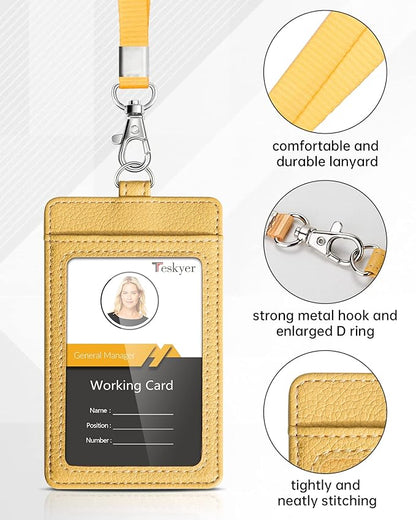 Teskyer Badge Holder with Lanyard, Leather ID Name Badge Card Holder with Lanyard for ID Badges, Vertical, Lychee Pattern Yellow