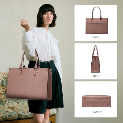 LOVEVOOK Laptop Tote Bag for Women, 15.6 Inch Large Capacity Vintage Leather Work Computer Bag, Business Casual Shoulder Handbag, Lotus Pink