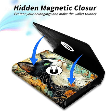 Minimalist Wallet for Men's Card Holders, Pop-Up Card Case Durable Wallets for Women, Leather Automatic Credit Card Holder with Metal Money Clip RFID Blocking Bifold Pocket, Black White Cat