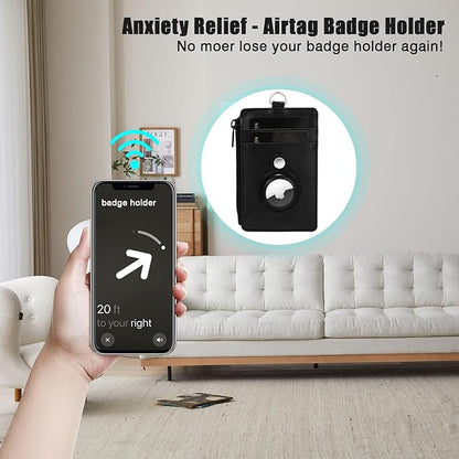 2-in-1 Airtag Badge Holder & Slim Minimalist Front Pocket Wallet, PU Leather ID Badge Card Holder with Zipper Pocket & 1 Clear ID Window & 2 Credit Card Slot & 1 Lanyard