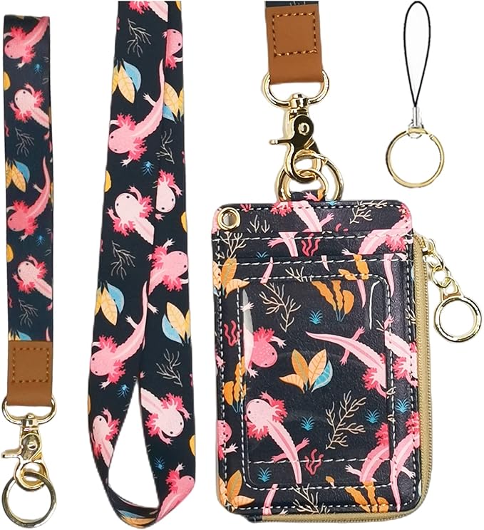 bolimoss Lanyard with Wallet,Zip ID Case with Lanyard,Lanyard Badge Holder,Lanyard Wallet for Women,Fashion Lanyard Wallet, ID Case Wallet with Lanyard（Axolotl）