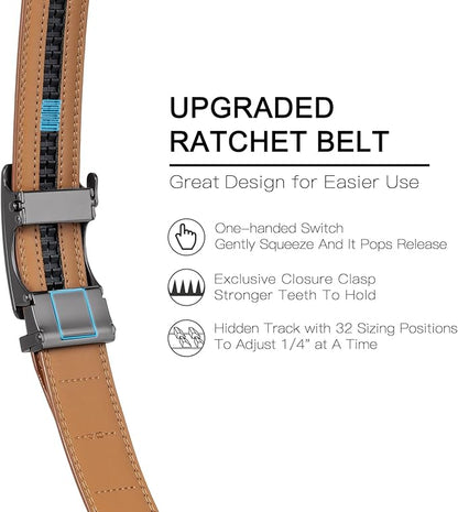 SENDEFN Men's Leather Belt Automatic Ratchet Buckle Slide Belt for Dress Casual Trim to Fit with Gift Box