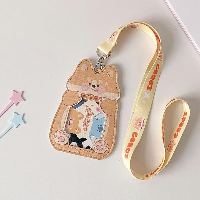 Cute Badge Holder Lanyard Cartoon Puppy ID Card Holder Kawaii ID Badge Keys Lanyard Strap Neck Lanyard PU Leather Badge Holder for Women Girls Boys (Puppy)