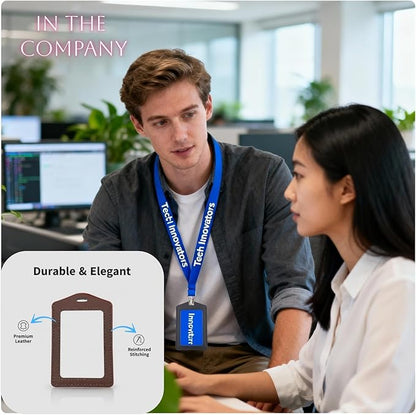 3 Pcs Genuine Leather ID Badge Holders, Vertical ID Card Holder Set, Dual-Sided Clear Window, Waterproof Name Tag Holder for Office Staff, Students, Employees (Black Brown Blue)
