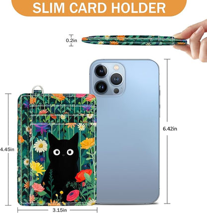 Yonlevres Black Cat Credit Card Holder Slim Wallet, Floral RFID Wallet Women Front Pocket Small Card Holder, Travel Funny Cute Thin Card Case ID Window PU Leather RFID Blocking Card Organizer Girls