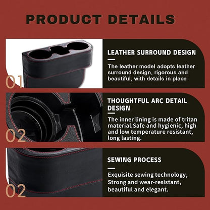 Car Cup Holder, PU Leather Auto Front Seat Organizer, Multifunctional Cup Drink Holders, Gap Filler Storage Box Coin Bucket Console Side Pocket Cell Mobile Phone Holder (Black)
