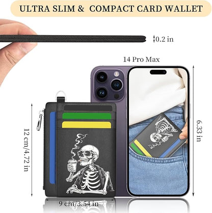 Hancynir Slim Wallet Women Credit Card Holder, Skull Skeleton RFID Blocking Small Mini Card Wallets, Funny Front Pocket PU Leather Card Case, Thin Travel Zipper Coin Cash Ladies Female Wallet Gifts