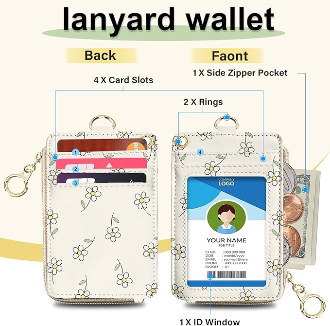 Cut Floral Lanyard for Id Badges,Leather with ID Badge Holder Wallet,Slim Credit Card Holder with Zipper Pocket Phone Lanyard Wallet for Women,Office,School,Teachers,Nurses