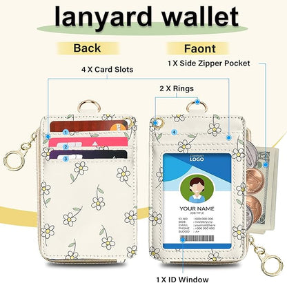 Cut Floral Lanyard for Id Badges,Leather with ID Badge Holder Wallet,Slim Credit Card Holder with Zipper Pocket Phone Lanyard Wallet for Women,Office,School,Teachers,Nurses
