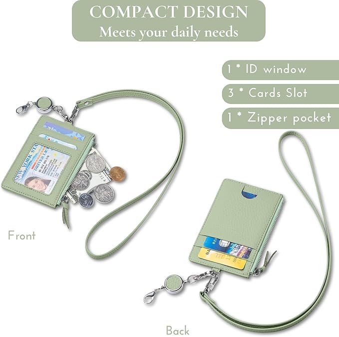 2-in-1 Leather ID Badge Holder with Wallet for Work, Multifunction ID Case with Credit Card Slots & Cash Coin Pocket, Slim Wallet with Lanyard for Women Men Nurse Teacher (Light Green)