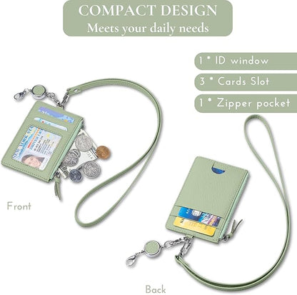2-in-1 Leather ID Badge Holder with Wallet for Work, Multifunction ID Case with Credit Card Slots & Cash Coin Pocket, Slim Wallet with Lanyard for Women Men Nurse Teacher (Light Green)