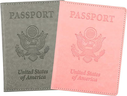 Passport Holder, Passport Cover, Passport Holder for Women, 2 Pack Travel Passport Wallet, Leather Passport Case, Passport Protector International Travel Must Haves Accessories, Grey+Pink