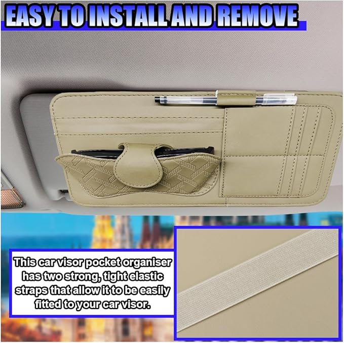Car Sun Visor Organizer, Vehicle Sunglasses Holder, Automotive Storage Pocket for Pen, Glasses, Ticket, Card, Auto Interior Accessories Pocket for Car, SUV, Truck (Khaki)