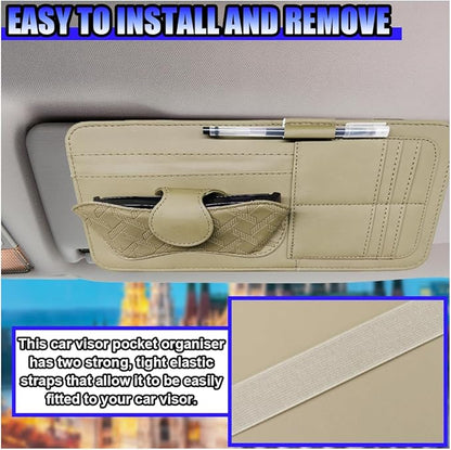 Car Sun Visor Organizer, Vehicle Sunglasses Holder, Automotive Storage Pocket for Pen, Glasses, Ticket, Card, Auto Interior Accessories Pocket for Car, SUV, Truck (Khaki)