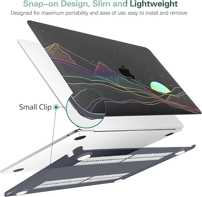 KEROM Clear Black Case for MacBook Pro 13 inch 2022-2016 M2 M1 A2338 A2289 A2251 A2159 A1989 A1706, MacBook Pro 13 inch Clear Case with Design, Plastic Hard Shell Case & Keyboard Cover, Sunrise
