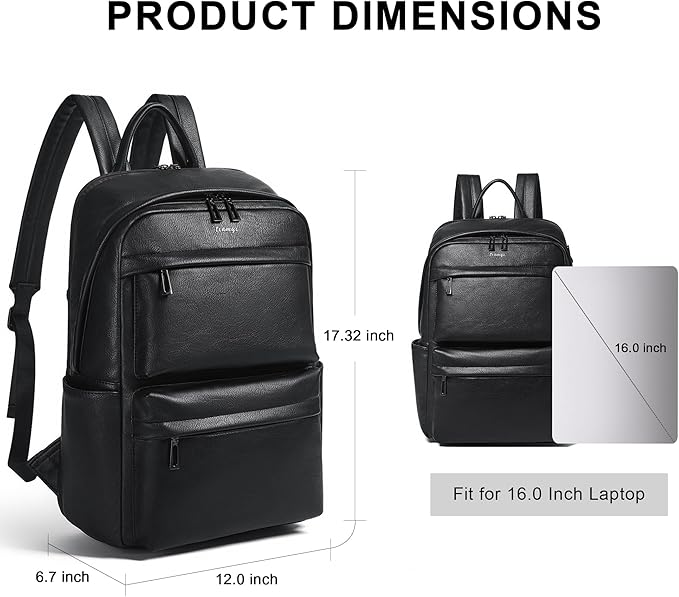 Vegan Leather Backpack for Women and Men, Fits 16.0 Inch Laptop, Multi-Pocket Design with Water Bottle and Luggage Strap, Ideal for Work, Travel, and Daily Use, Black