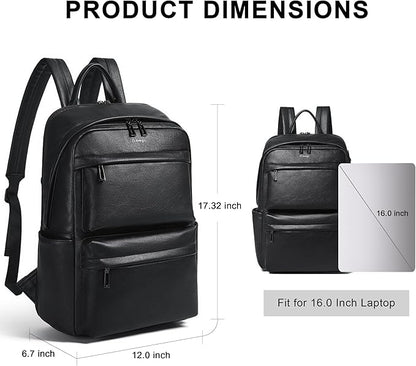 Vegan Leather Backpack for Women and Men, Fits 16.0 Inch Laptop, Multi-Pocket Design with Water Bottle and Luggage Strap, Ideal for Work, Travel, and Daily Use, Black