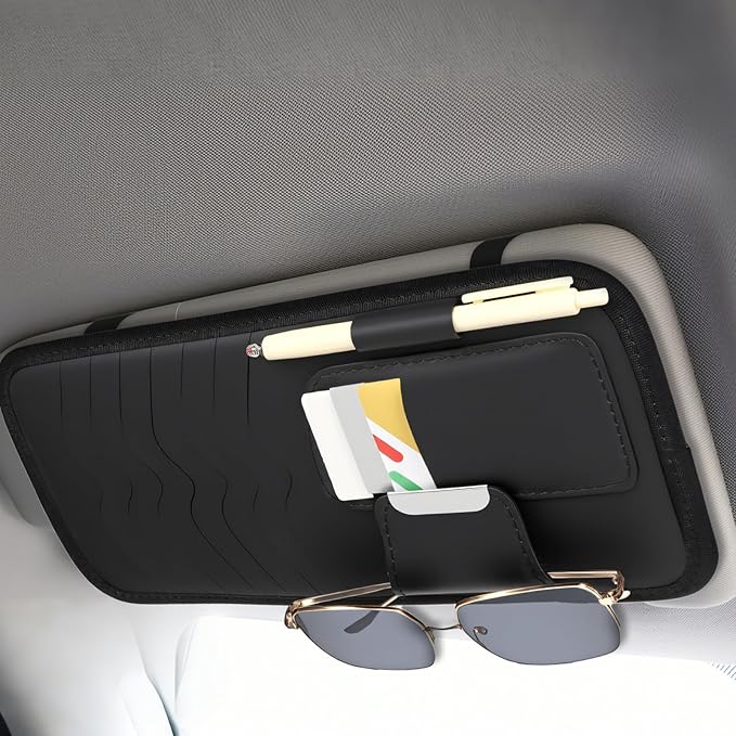 Black Car CD Holder, Leather Car Visor Organizer Sun Visor Case Holders Multi-Function DVD Vehicle Visors Storage Organizer Cars Visors Holders with Storage, Eyeglassclip, Card Slots & Pen