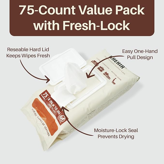 3in1 Leather Wipes 75 XL Count, Clean, Condition & Restore Shine, Extra-Large 8"x10" Wipes for Car Seats, Shoes, Furniture & Bags, Thick, Durable & Non-Linting, Safe for All Leather Types