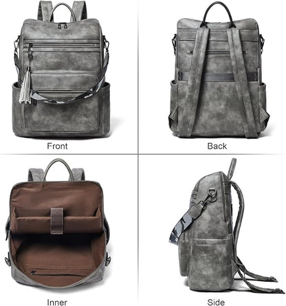Shrrie 15.6 inch Laptop Backpack for Women,Large Leather Purse,Travel Backpacks Carry on,Water Resistant Casual Laptop Backpacks,College Backpack,Work Backpack for Women,Two-toned Deep Gray