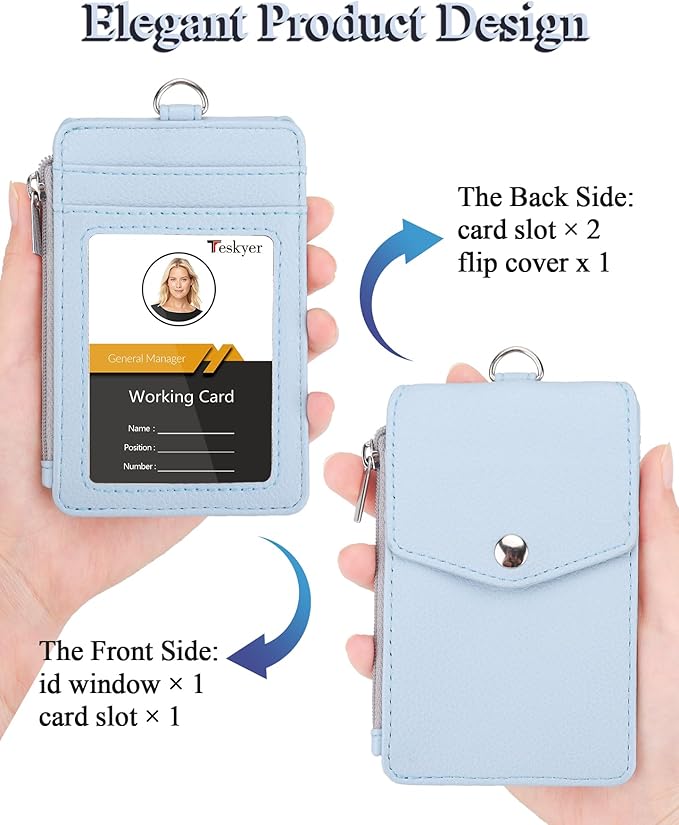 Teskyer Badge Holder with Side Zip Pocket, Multiple Card Slots Leather ID Holder Wallet with Neck Lanyard for Office Staffs, Teachers/Students, Workers, Cruise Cards, Bus/Metro Cards, Lichee Cyan