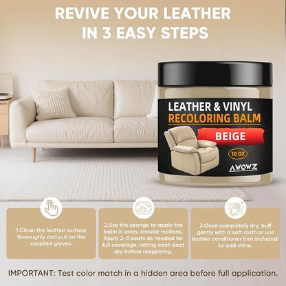 Leather Recoloring Balm - Scratch Repair & Color Restore Kit for Faded Leather, Leather Couch & Car Seats - 10OZ Restorer Balm for Furniture, Auto Interior, Vinyl, Accessories (Beige)