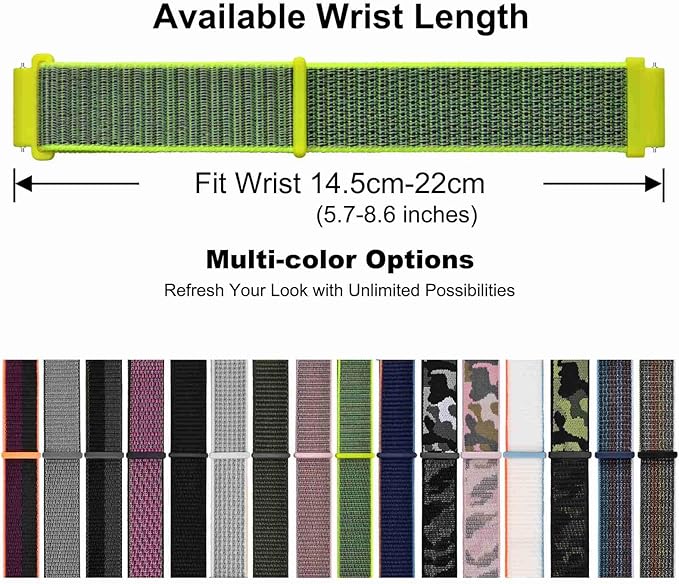 WOCCI 20mm Adjustable Nylon Watch Band, Quick Release Sport Loop Strap (Bright Yellow/Grey)