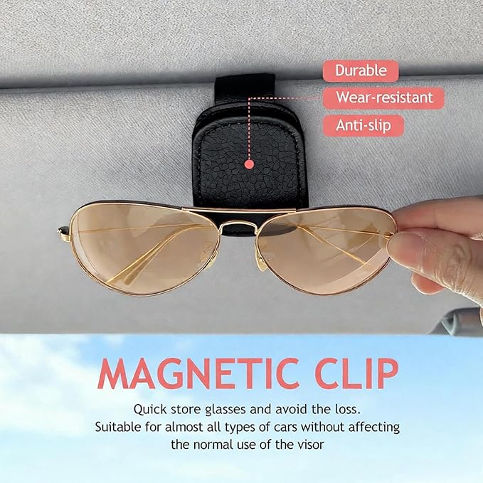 Sunglass Clip for Car Visor, Car Sunglass Holder Clip, Sunglasses Visor Clips for Cars, Magnetic Leather Glasses Eyeglass Hanger Clip for Car, Car Visor Accessories (Black)
