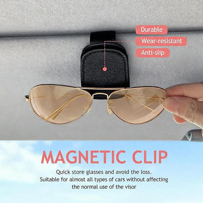 Sunglass Clip for Car Visor, Car Sunglass Holder Clip, Sunglasses Visor Clips for Cars, Magnetic Leather Glasses Eyeglass Hanger Clip for Car, Car Visor Accessories (Black)