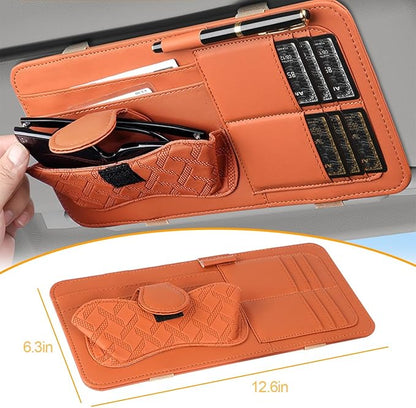 Car Sun Visor Organizer, Leather Multi Pocket Vehicle Visor Storage Pouch for Sunglasses Card License, Multifunctional Auto Interior Organization Accessories, Universal Fit (Brown)