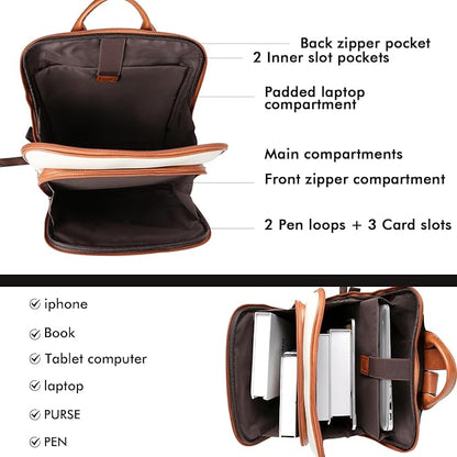 Leather Laptop Backpack, Women and Men Backpack Travel Business Work College Water Resistant Anti Theft Daypack Large fits for 15.6 inch Notebook Computer bag, Black+ Off White…