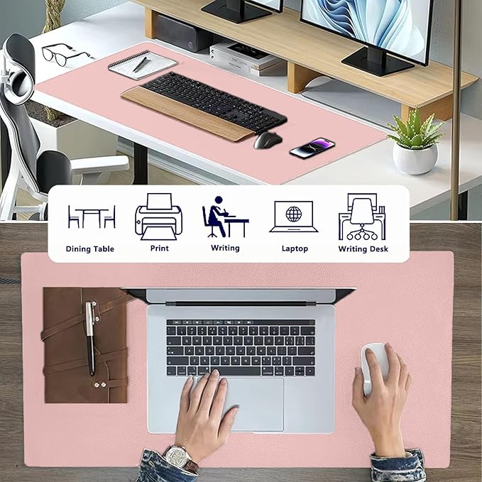 PU Leather Desk Pad Protector Gaming Mouse Pad Non Slip Desk Mat for Keyboard and Mouse Waterproof Desk Writing Pad for Office and Home Desk Accessories(Pink, 23.6 * 11.8)