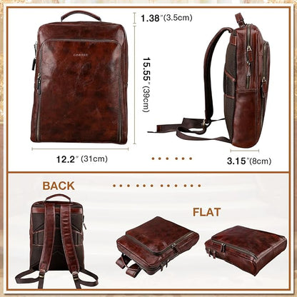 Banuce Full Grain Italian Leather Backpack for Men Laptop Backpack for Business Work Travel with Luggage Strap and Adjustable Strap Vintage Brown
